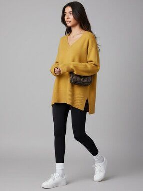 OGD 100% Cashmere V-Neck Sweater Women's Small Yellow Long Sleeve High Low Hem